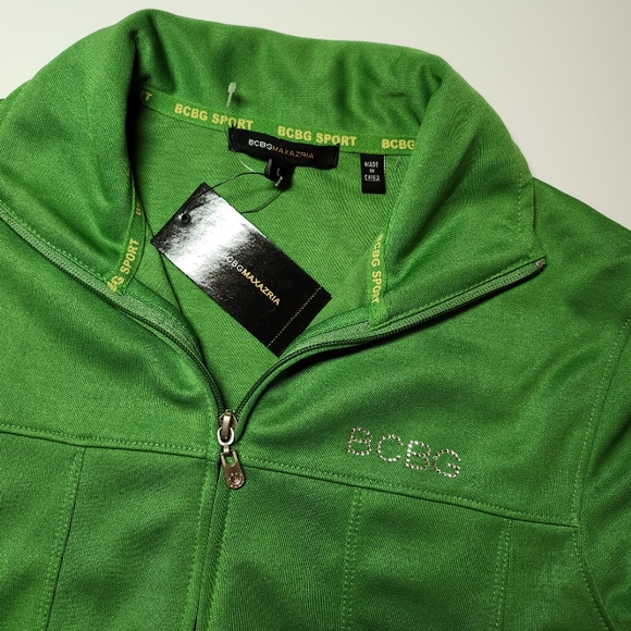 BCBG Max Azria Green Jacket Rhinestone Logo Full Zip Size L - Picture 2 of 4